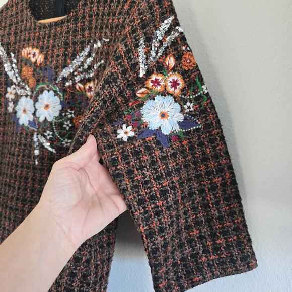 Zara Embroidered Plaid Tweed Mini Dress 3/4 Sleeves Brown Boho Twee - Picture 4 of 9